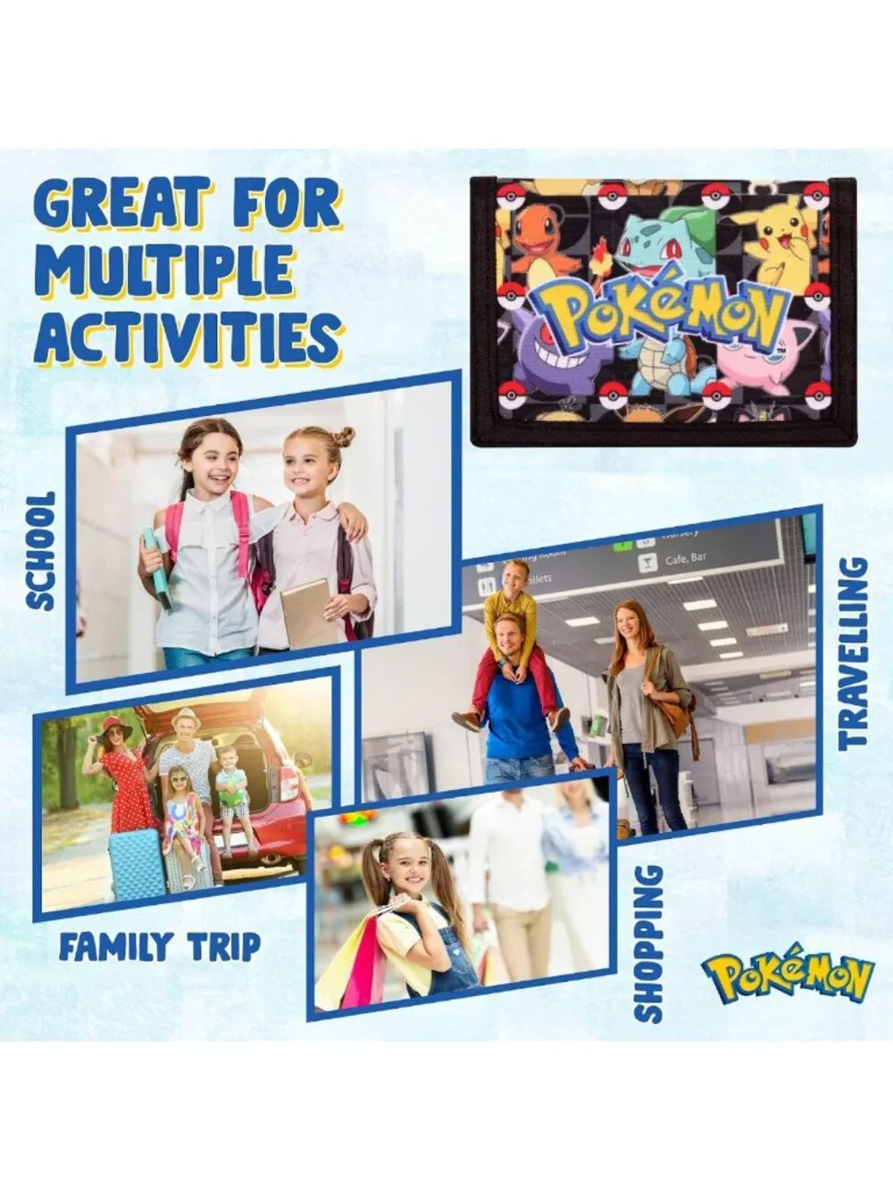 Kids Trifold Canvas Wallet with Zip, Coin & Card Holder - Pokemon Design